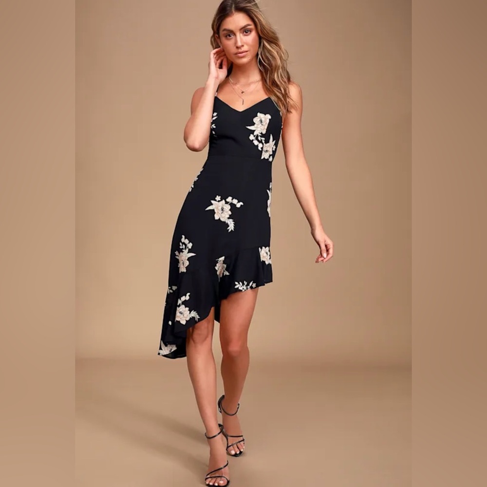 Lulus Small Black Floral Cocktail Dress with Spaghetti Straps, Asymmetrical